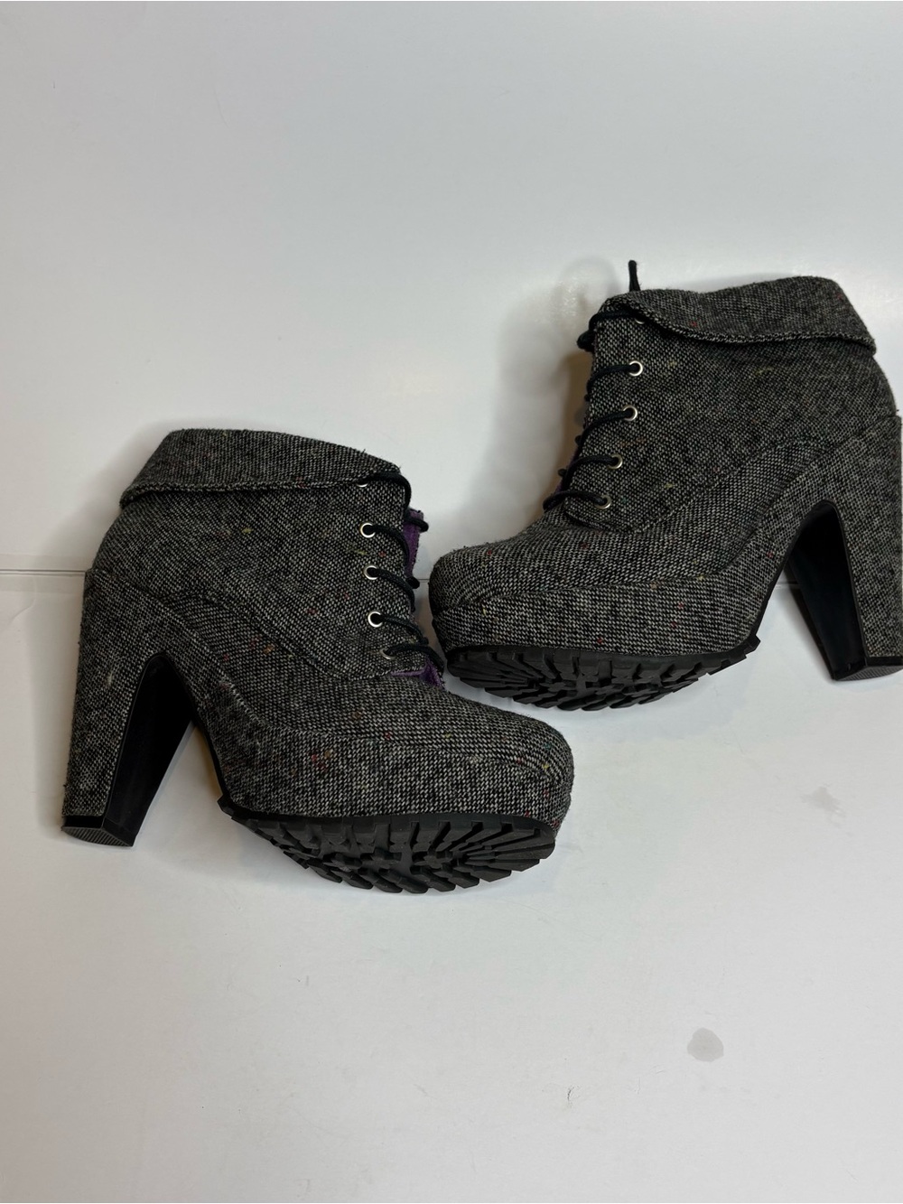 Womens Gray Tweed Lace-Up Platform Booties